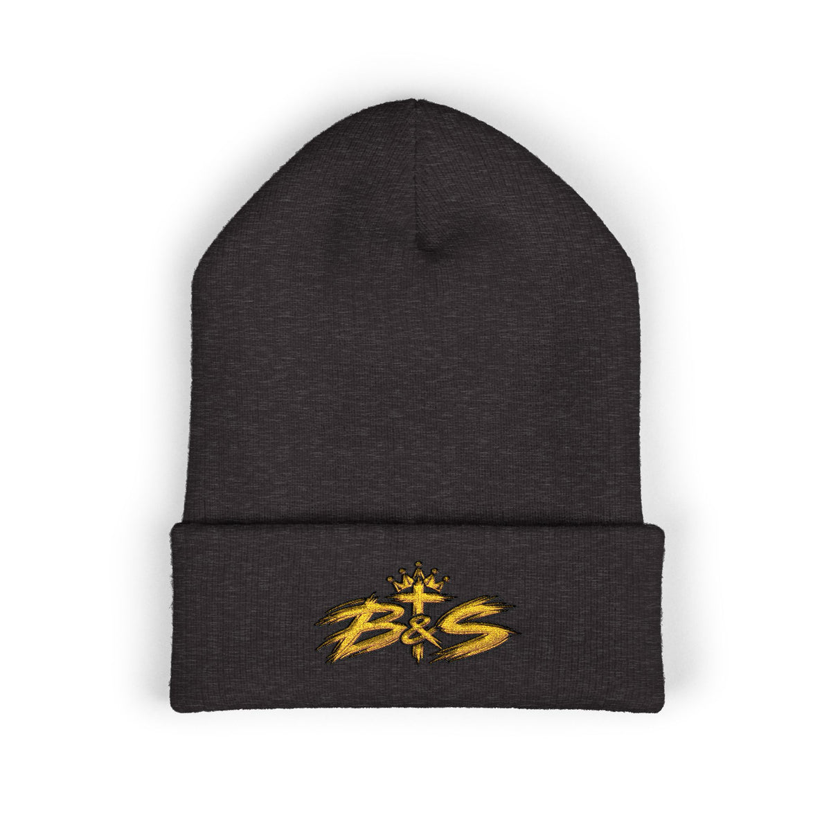 Embroidered 'B&S' Crown Cuffed Beanie — Olive Knit Winter Hat