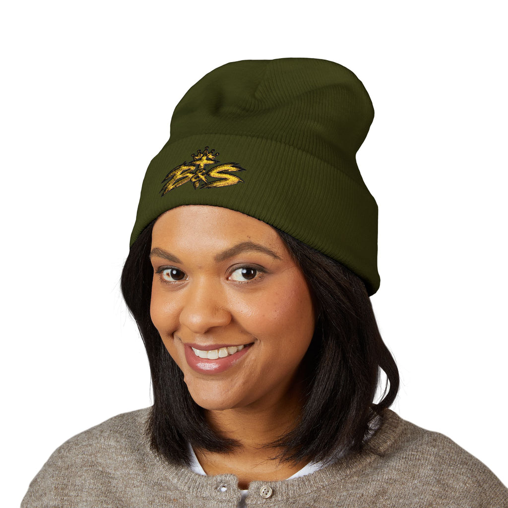 Embroidered 'B&S' Crown Cuffed Beanie — Olive Knit Winter Hat