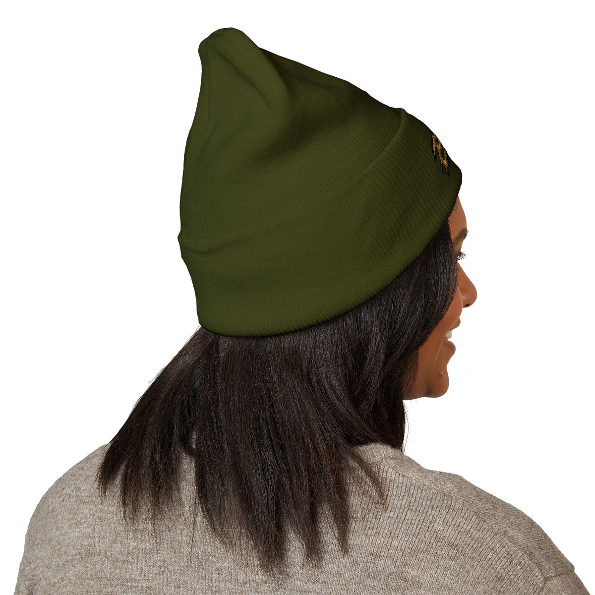 Embroidered 'B&S' Crown Cuffed Beanie — Olive Knit Winter Hat