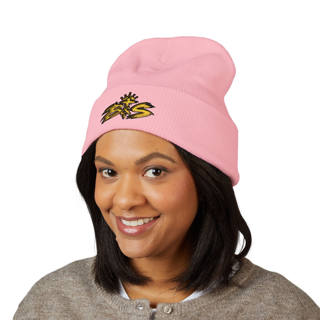 Embroidered 'B&S' Crown Cuffed Beanie — Olive Knit Winter Hat