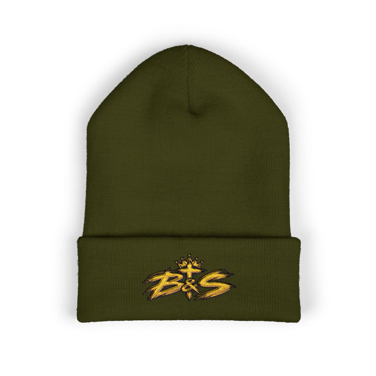 Embroidered 'B&S' Crown Cuffed Beanie — Olive Knit Winter Hat