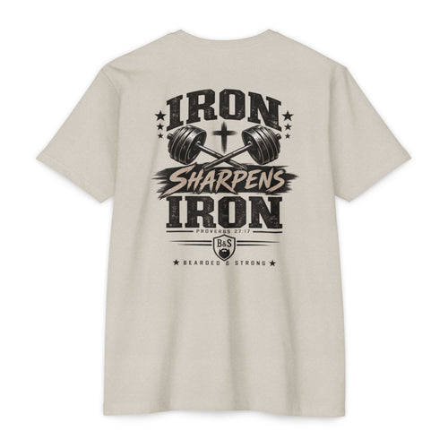 Bearded & Strong — Iron Sharpens Iron Men’s Tee | Tan & Black