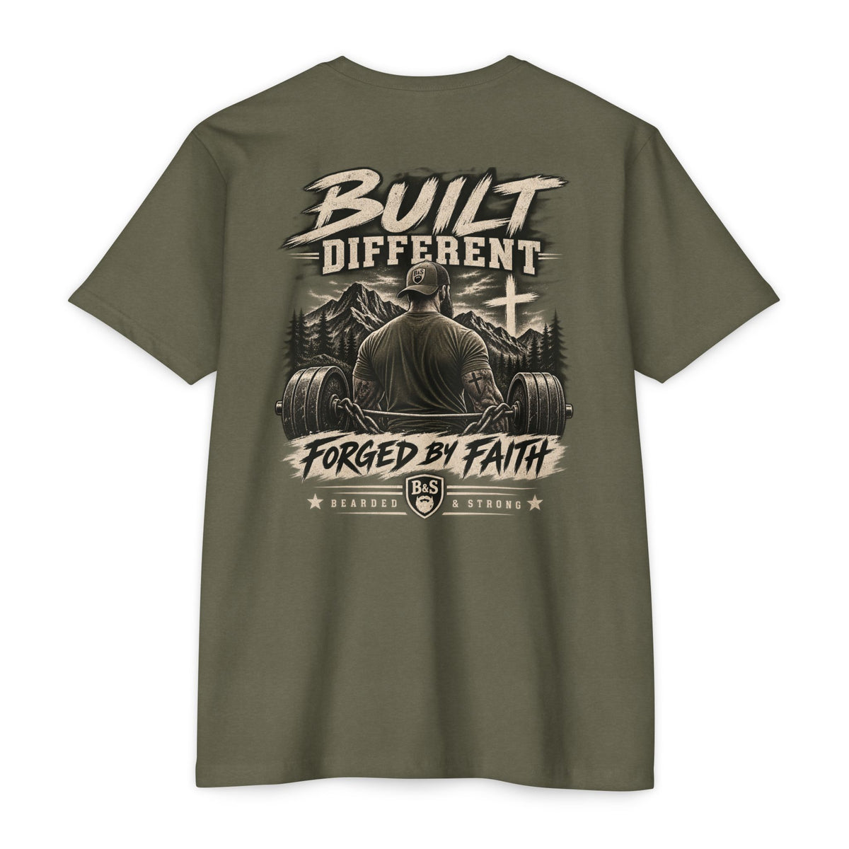 Bearded & Strong — Built Different | Forged by Faith Men’s Olive Tee