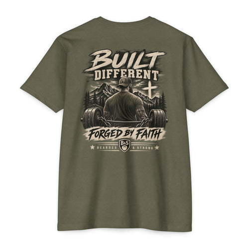 Bearded & Strong — Built Different | Forged by Faith Men’s Olive Tee