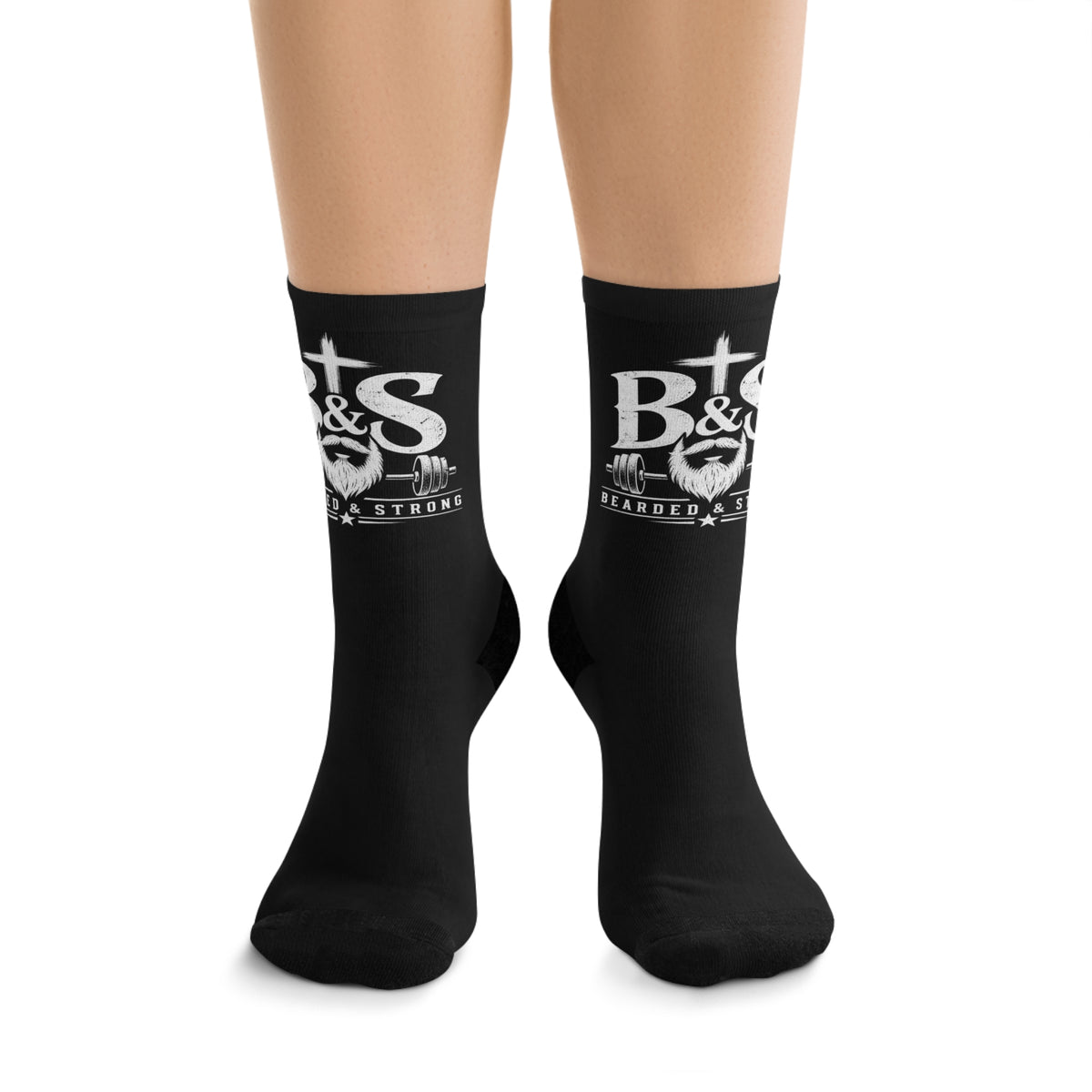 B&S Cross Logo Crew Socks — Black Recycled-Poly Athletic Socks