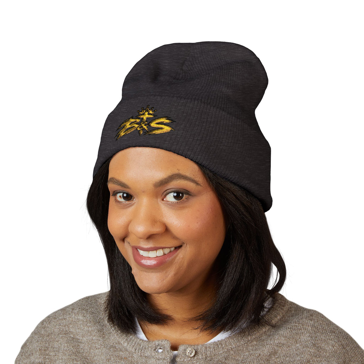 Embroidered 'B&S' Crown Cuffed Beanie — Olive Knit Winter Hat