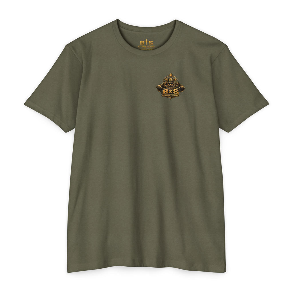 Bearded & Strong — Built Different | Forged by Faith Men’s Olive Tee