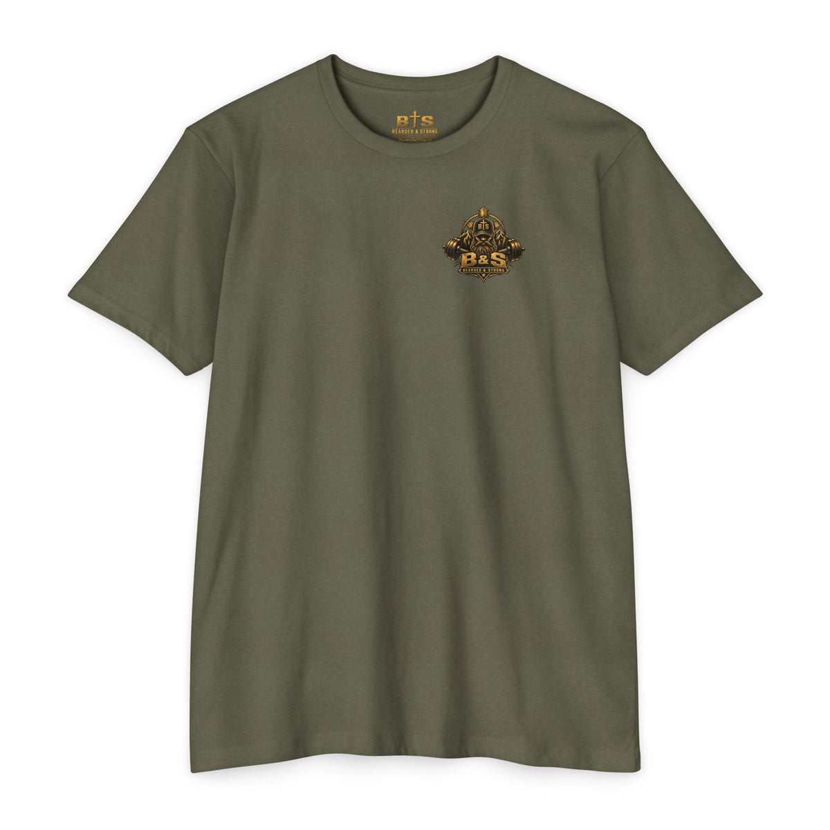 Bearded & Strong — Built Different | Forged by Faith Men’s Olive Tee