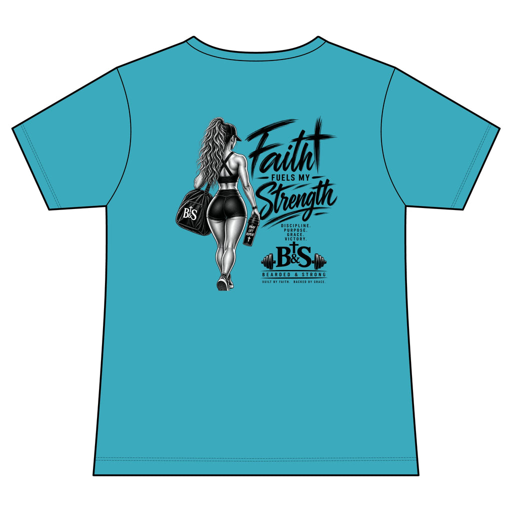 Faith Fuels My Strength Women's V-Neck Tee — Inspirational Fitness Graphic