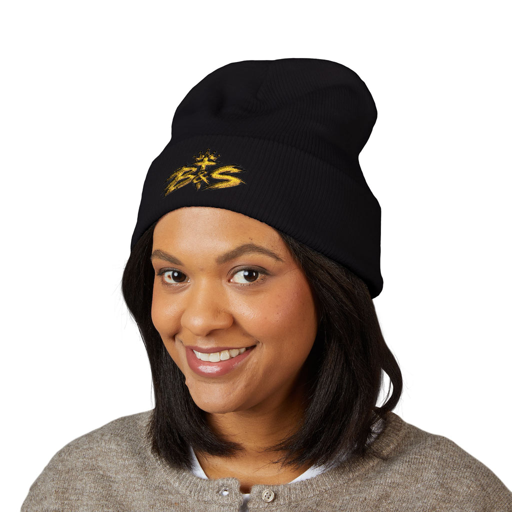 Embroidered 'B&S' Crown Cuffed Beanie — Olive Knit Winter Hat