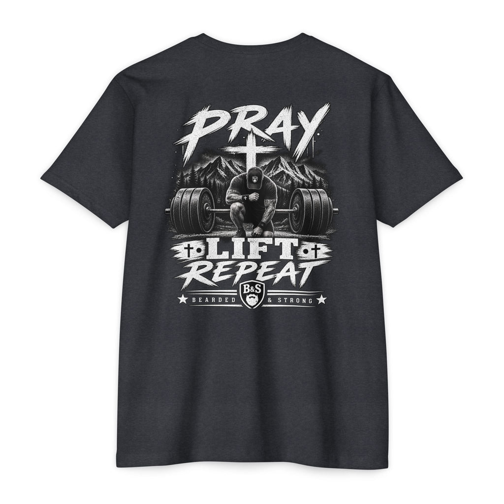Bearded & Strong — Pray • Lift • Repeat Men’s Black Tee