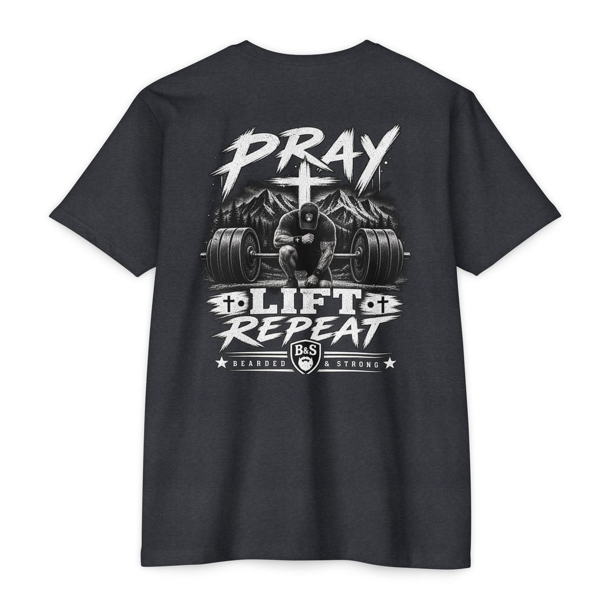 Bearded & Strong — Pray • Lift • Repeat Men’s Black Tee
