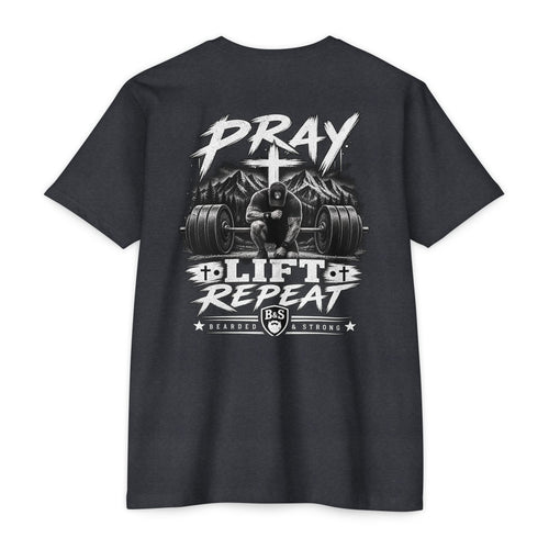 Bearded & Strong — Pray • Lift • Repeat Men’s Black Tee
