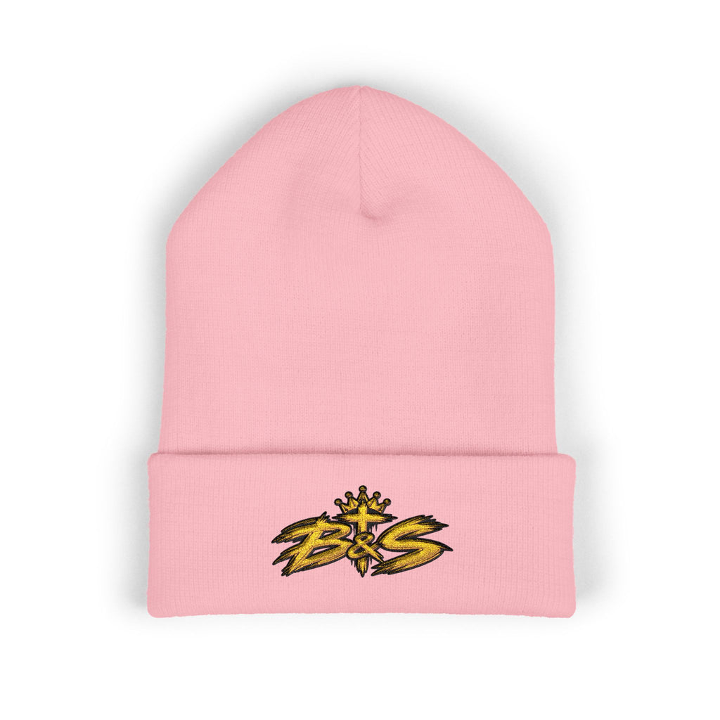 Embroidered 'B&S' Crown Cuffed Beanie — Olive Knit Winter Hat