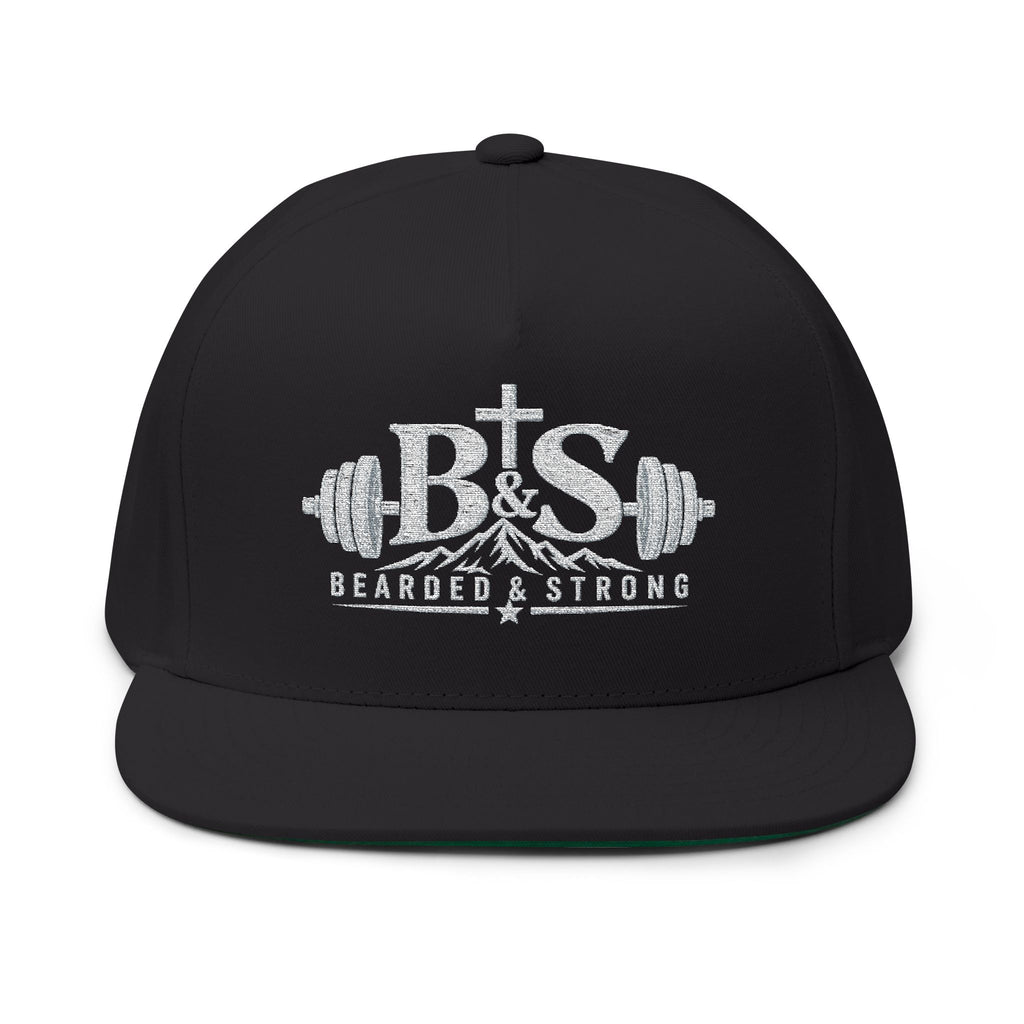 Bearded & Strong Embroidered Flat Bill Cap — Men's Fitness Christian Trucker Hat