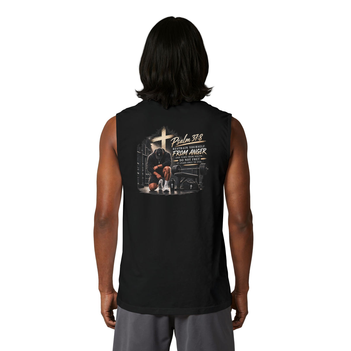 Christian Fitness Muscle Tank – "Saved From Anger" Cross Graphic