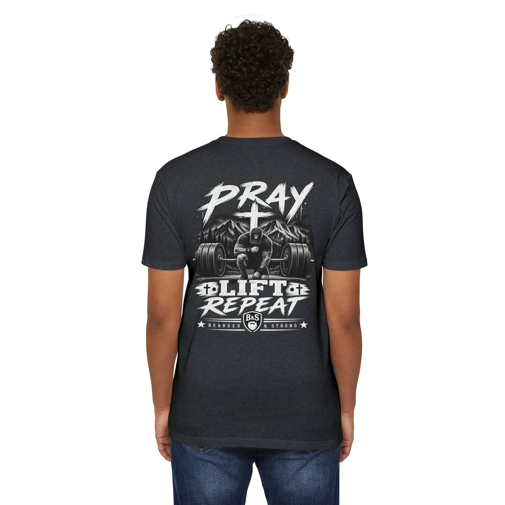 Bearded & Strong — Pray • Lift • Repeat Men’s Black Tee