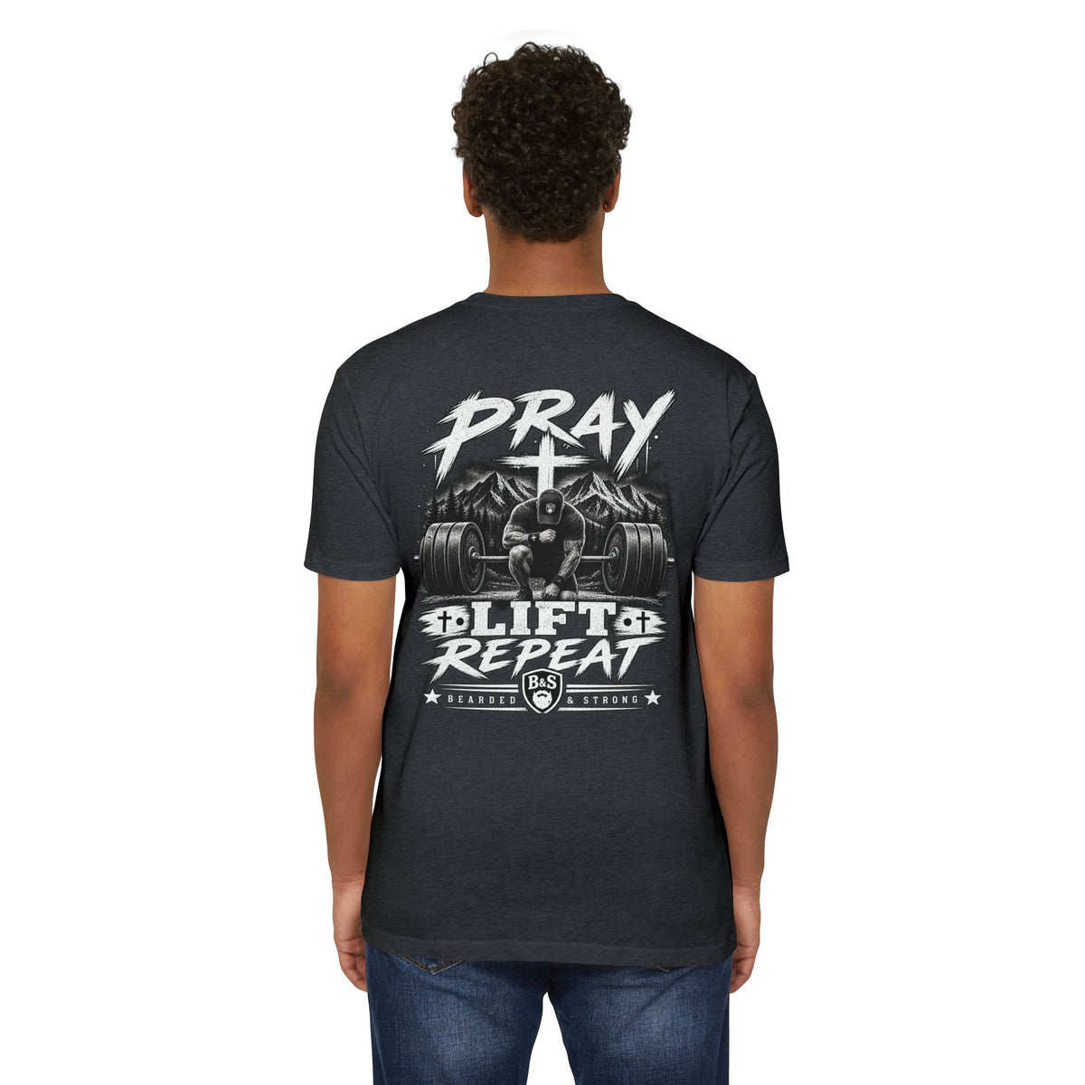 Bearded & Strong — Pray • Lift • Repeat Men’s Black Tee
