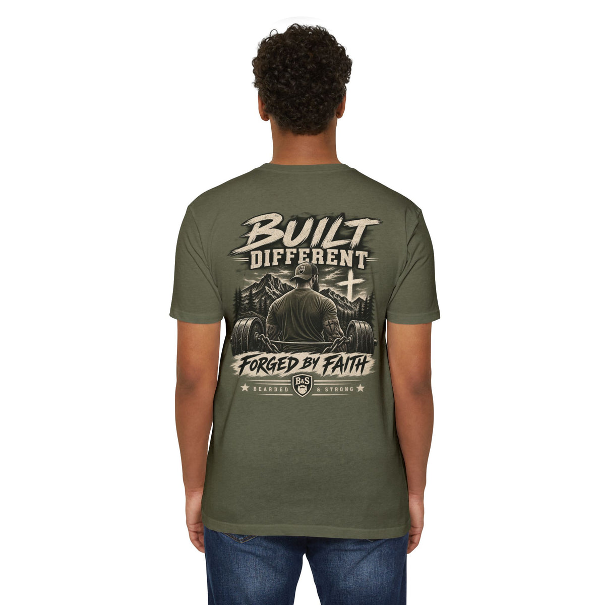 Bearded & Strong — Built Different | Forged by Faith Men’s Olive Tee